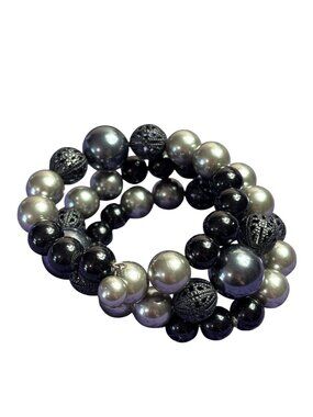 Vintage Beaded Memory Wire Bracelet Silvertone Gunmetal Black Filigree